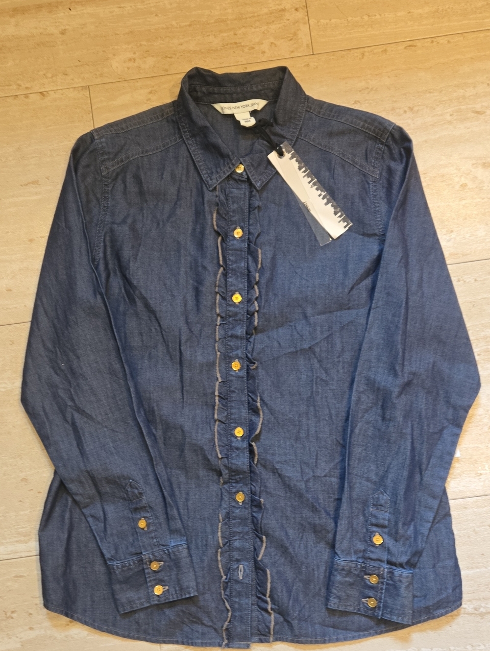 New Jones New York Blue Marine Wash Denim Ruffle Front Button-Down Shirt